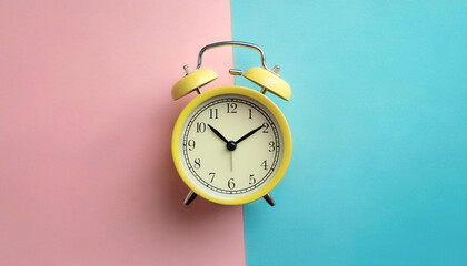 Yellow alarm clock, isolated on a Soft blue and Pink Pastel