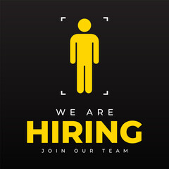 we are hiring modern, creative banner, design concept, social media template, marketing, advertising, and communication concept with yellow text on a black background