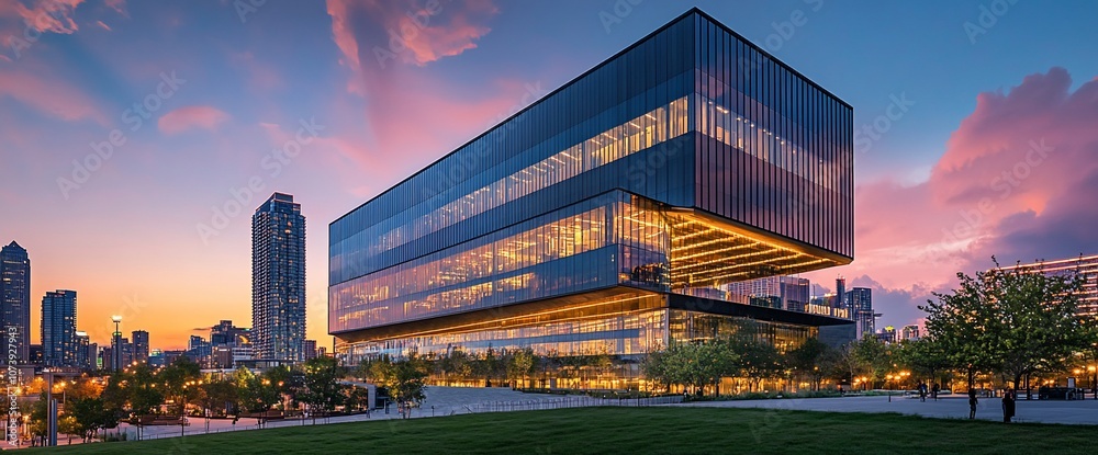 Aufkleber modern glass building with illuminated windows at twilight with pink and purple sky and green grass 
