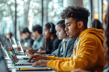 Modern Classroom Environment with Diverse Students Focused on Laptops During a Collaborative Study Session