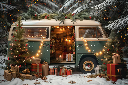 Festively decorated vintage van surrounded by snow-covered trees and gifts during Christmas - Powered by Adobe