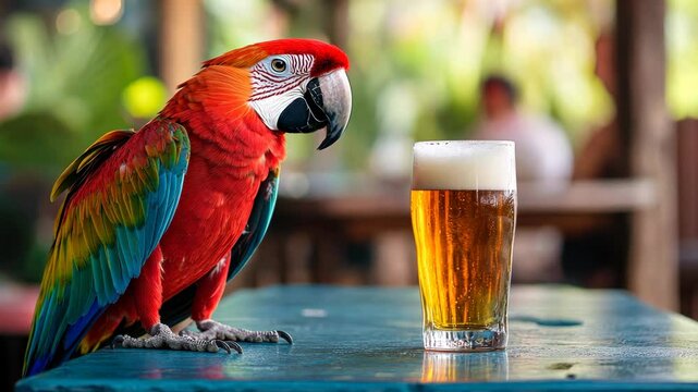 A parrot with striking eyes contemplating glass of beer on the surface in front pastel background