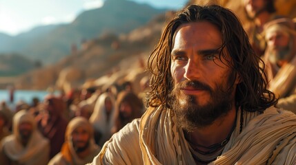 Peaceful Portrait of a Man in a Biblical Setting Surrounded by Followers in a Serene Natural Environment with Mountains