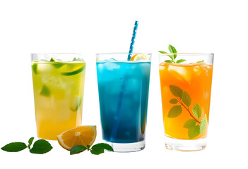 Fototapeta premium Three isolated colorful healthy drinks with lemon slices and mint leaves 