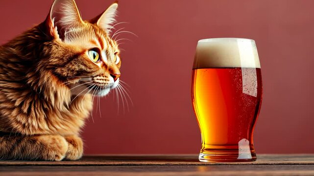 A cat gazing at a pint of beer sitting on wooden surface against a gradient backdrop.