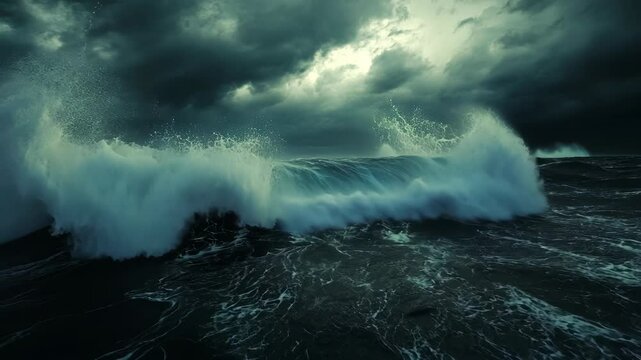 A large wave crashes against the ocean during a stormy day