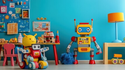 Obraz premium In a lively children's room, friendly robots assist kids as they engage in playtime activities surrounded by vibrant decor. Generative AI