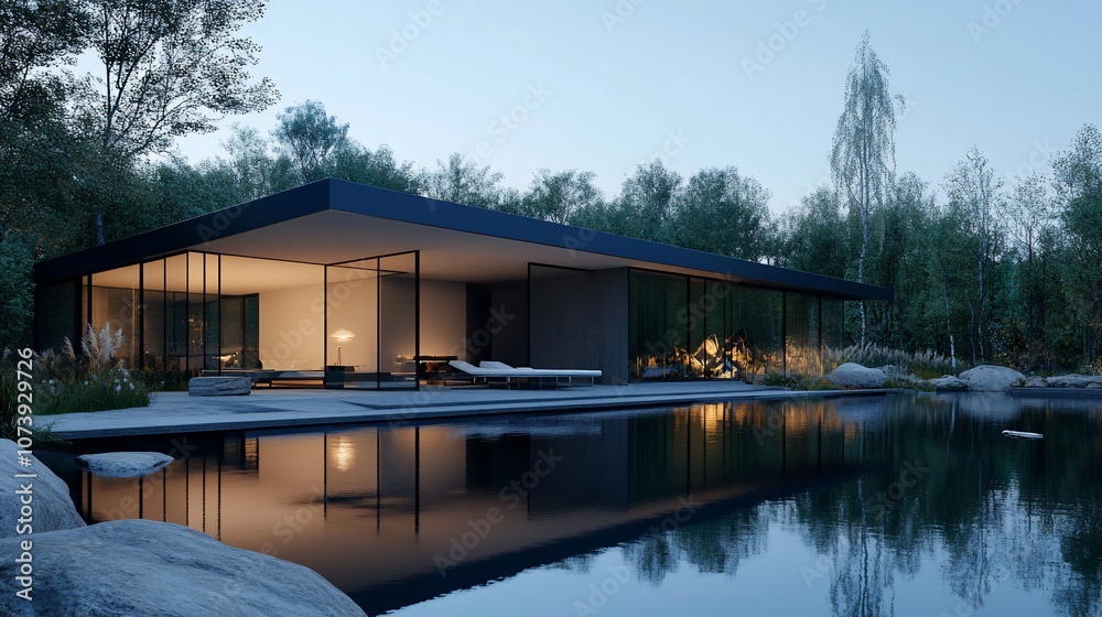 Poster Modern house with a pool and large windows overlooking a forest.