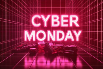 Obraz premium CYBER MONDAY logo. Dynamic banner showing Cyber Monday neon sign, logo. Horizontal banner. Web. Screen.