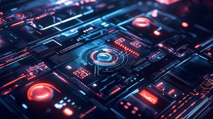 Obraz premium Futuristic AI management dashboard with holographic displays on dark background