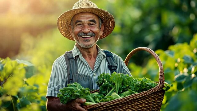 Farmer in a straw hat joyfully carrying a basket of fresh vegetables through his field, light reflecting off the greenery around him, soft focus on surrounding plants