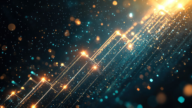 A dynamic display of glowing particles and geometric shapes representing data flow in a futuristic, digital landscape