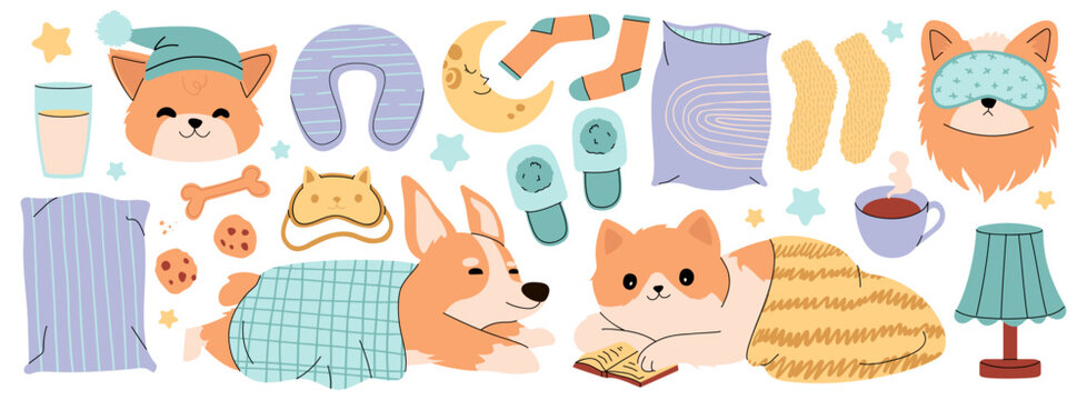 Set of go to bed hand drawn vector art. Bedroom items. Time for sleep. Bed, pillow, moon, night light, sleep mask, calming tea, glass of milk pajamas. Good night.