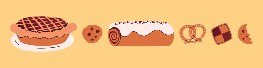 Set baking in cartoon style. Vector illustration of cookies, cream roll, pie on white background.