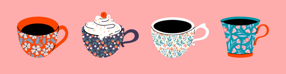Set of various cups with tea or coffee. Side view. Different ornaments. Flowers, berries, etc Hand drawn colored trendy vector illustration. Cartoon style. Flat design. Isolated on a pink background