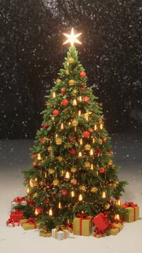 Decorated Christmas tree with gifts under it, outdoors in the evening under the snow. 3d render