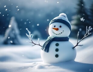 Snowman in snow landscape blurred background 
