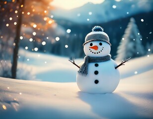 Obraz premium Snowman in snow landscape blurred background 