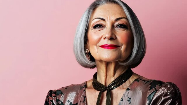 An elegant 60-year-old lady with a bob haircut, dressed in a luxurious outfit, posing against a light pink background