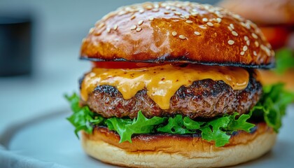 Juicy cheeseburger with sesame bun and lettuce served on a plate during lunchtime