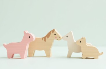 Obraz premium Wooden toys animals in pastel colors, light background. Children's development concept. Natural eco-friendly materials.