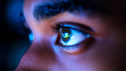 A vibrant, detailed eye looking at a glowing monitor screen