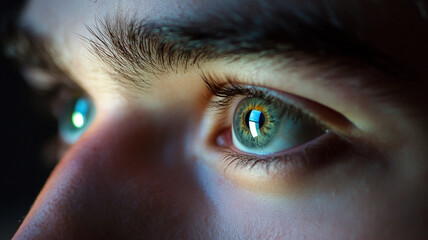 A vibrant, detailed eye looking at a glowing monitor screen