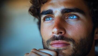 Young man with curly hair deep in thought, captured in a contemplative moment indoors