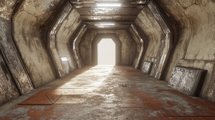 Obraz premium 3D render of a gritty sci-fi tunnel with metal plates and cement, resembling a futuristic underground corridor. 