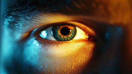 A vibrant, detailed eye looking at a glowing monitor screen