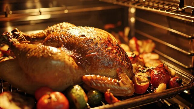 Close-up view of a turkey roasting in the oven, perfectly browned and resting on a bed of vegetables. The oven's interior is illuminated, the delicious details of the Thanksgiving feast.