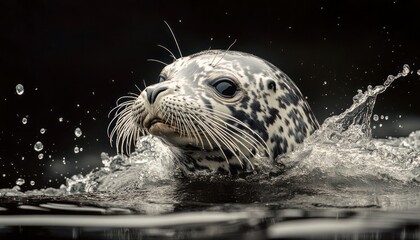 Obraz premium A playful seal swimming in sparkling water with droplets flying around at dawn