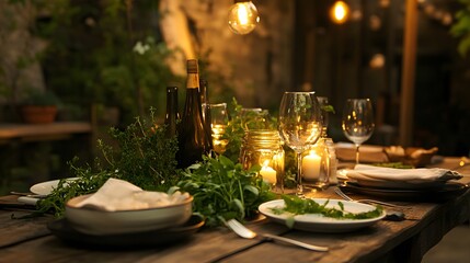 Healthy evening meal on a table decorated with fresh herbs