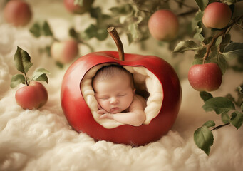 A newborn peacefully sleeping inside a large apple with smaller apples surrounding the setting