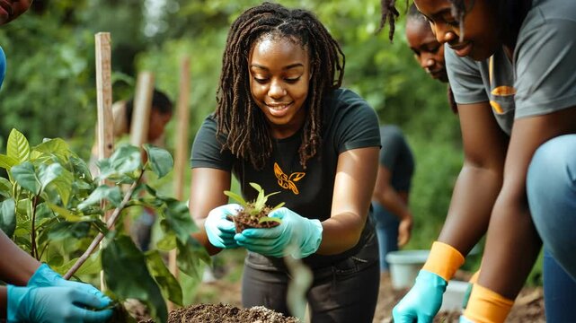 An inspiring image of a diverse group of African American students working together on a community service project, reflecting youth empowerment and collaboration. The photograph captures their