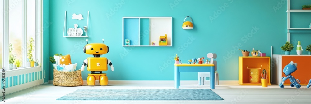 Aufkleber a colorful children's room filled with friendly robot assistants playing and encouraging creativity 