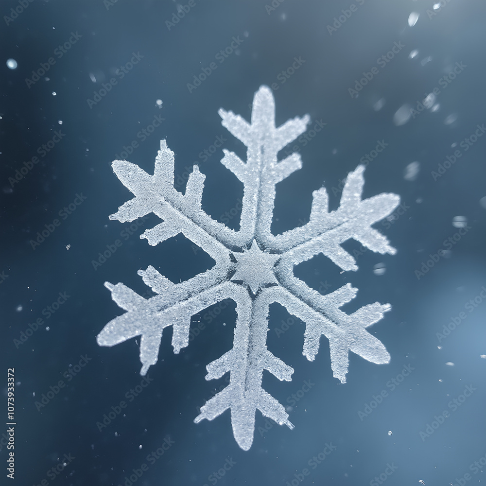 Poster a delicate snowflake, intricate and unique, against a backdrop of falling snow.