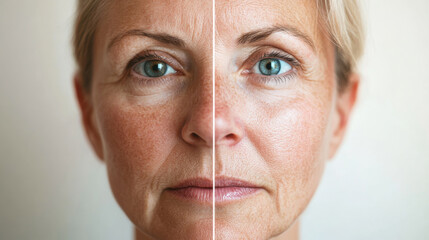 A comparative portrait showing youthful skin on one side and aged skin on the other, emphasizing the effects of time on facial appearance