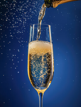 Botella de cava o champan echando un chorro de alcohol dentro de una copa de cristal, sobre fpndo azul con brillantina. Concepto celebraciones de navidad, fin de a&ntilde;o, aniversarios, San Valentin