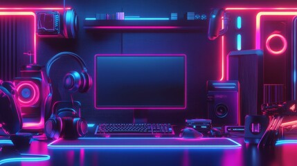 Obraz premium Concept illustration of gaming PC hardware with neon lighting.