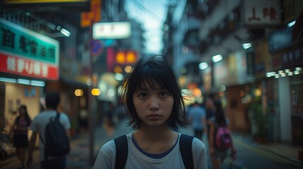 Fototapeta premium young Asian woman walking in a busy city street at dusk with neon signs and a blurred background
