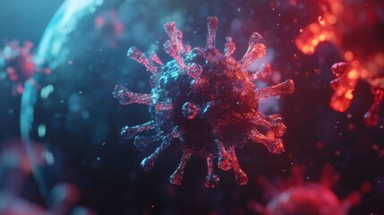 Fototapeta premium COVID-19 virus depicted over a blurry Earth hologram, representing global search for a cure