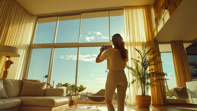 Woman takes graph of large renovated home interior Property owner or estate agent uses wide angle camera on smart tablet to take or give walkthrough video tour about new apa Video