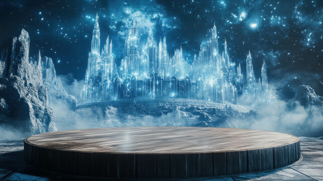 Wooden Platform For Product Display Against Starry Night And Icy Citadel Backdrop. Fantasy Winter Promotion Display