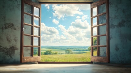 The wooden window showcases a tranquil landscape filled with lush greenery and fluffy clouds under a bright sky. Generative AI