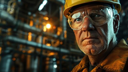 Focused Senior Machine Operator in Protective Gear at Industrial Worksite