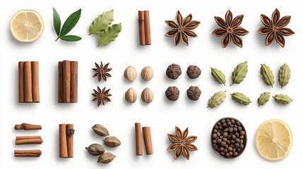 Star anise and cardamom pods arranged neatly on a pure white background, realistic with rich detail, no shadow, excellent for ingredient highlights


