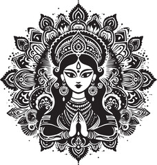 Black and White Illustration of Hindu Devi: Divine Feminine in Monochrome