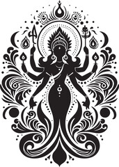 Black and White Illustration of Hindu Devi: Divine Feminine in Monochrome