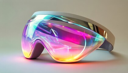 Colorful futuristic goggles resting on a neutral background with vibrant reflections